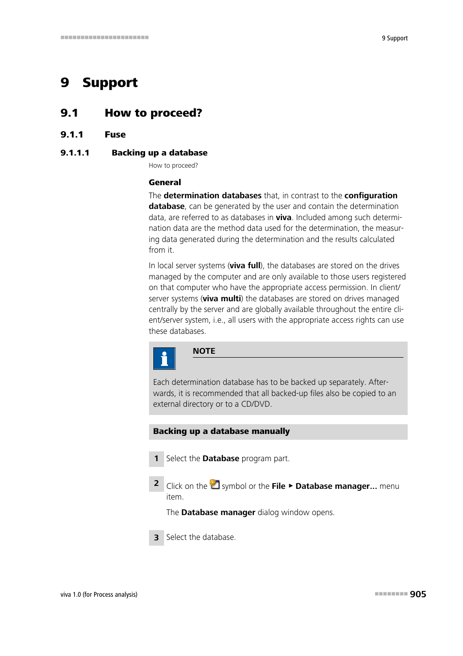 9 support, 1 how to proceed, 1 fuse | 1 backing up a database, How to proceed, Fuse | Metrohm viva 1.0 (process analysis) User Manual | Page 917 / 990