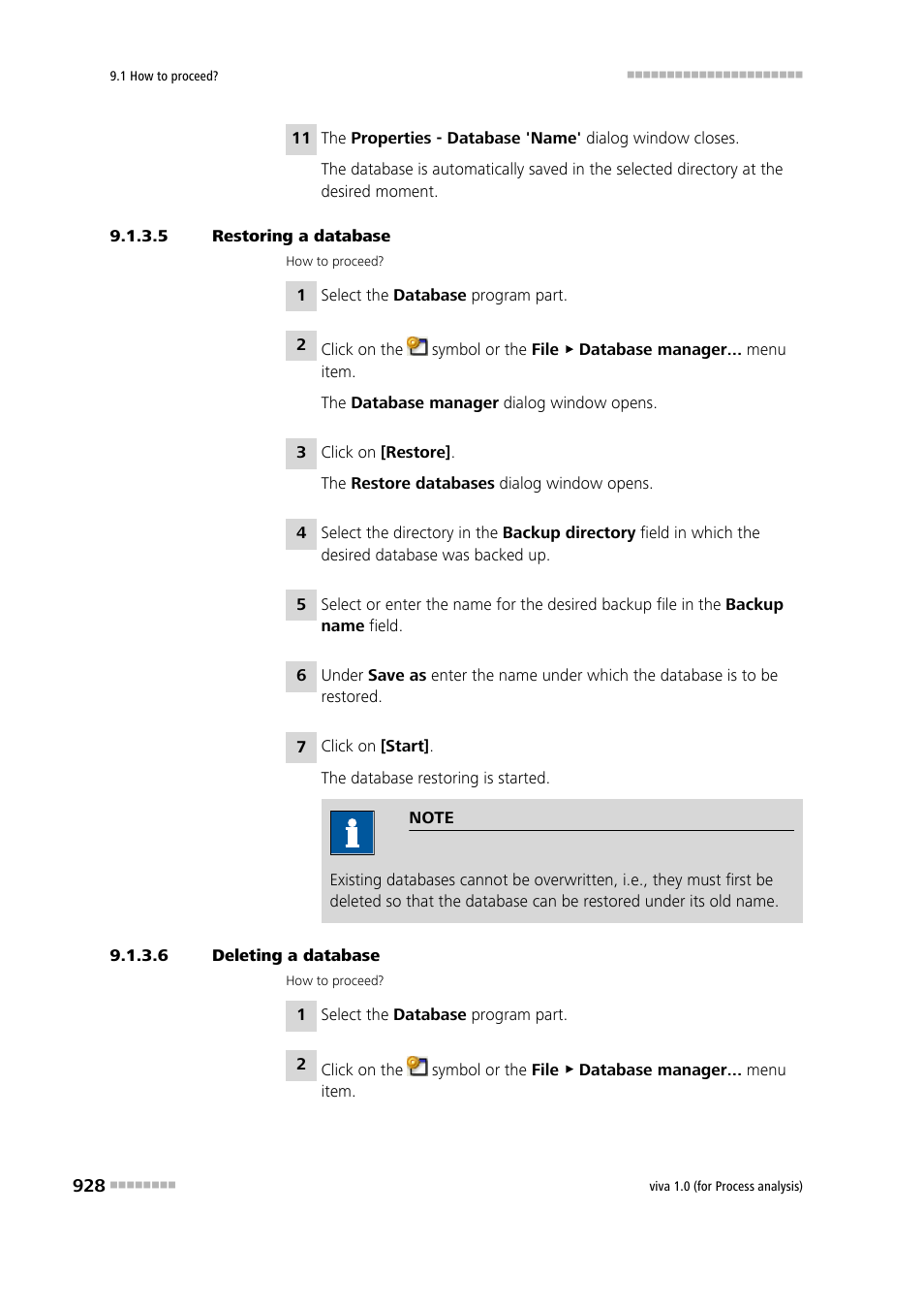 5 restoring a database, 6 deleting a database | Metrohm viva 1.0 (process analysis) User Manual | Page 940 / 990