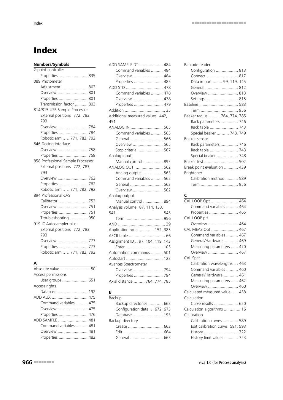 Index | Metrohm viva 1.0 (process analysis) User Manual | Page 978 / 990