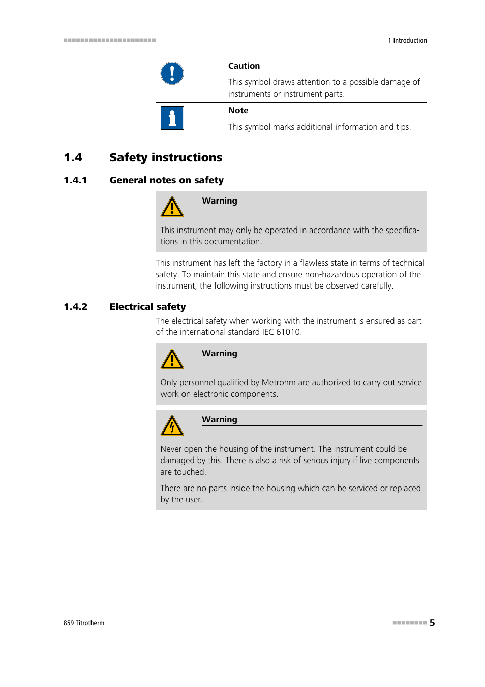 4 safety instructions, 1 general notes on safety, 2 electrical safety | Safety instructions, General notes on safety, Electrical safety | Metrohm 859 Titrotherm User Manual | Page 13 / 45