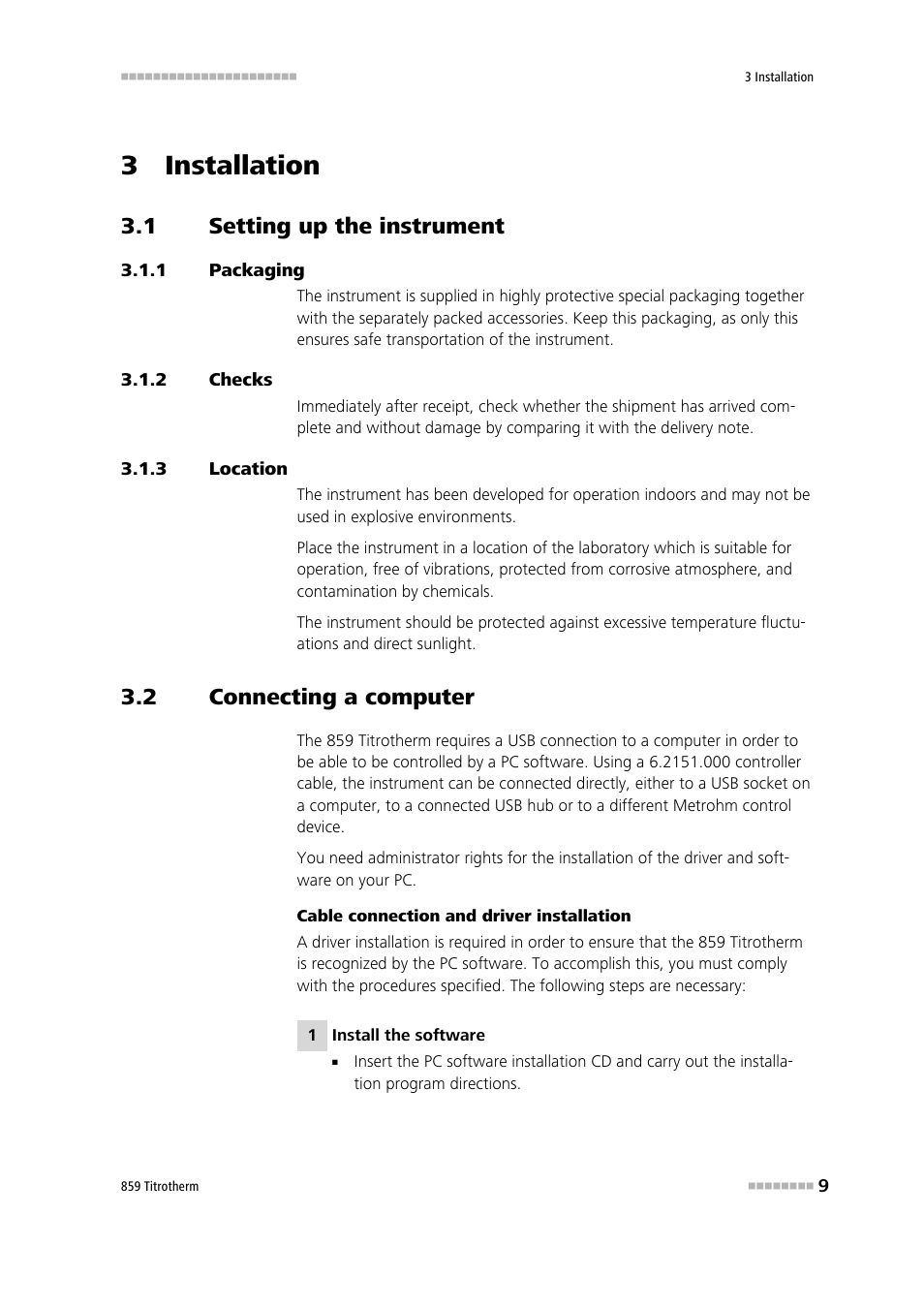 3 installation, 1 setting up the instrument, 1 packaging | 2 checks, 3 location, 2 connecting a computer, Setting up the instrument, Packaging, Checks, Location | Metrohm 859 Titrotherm User Manual | Page 17 / 45