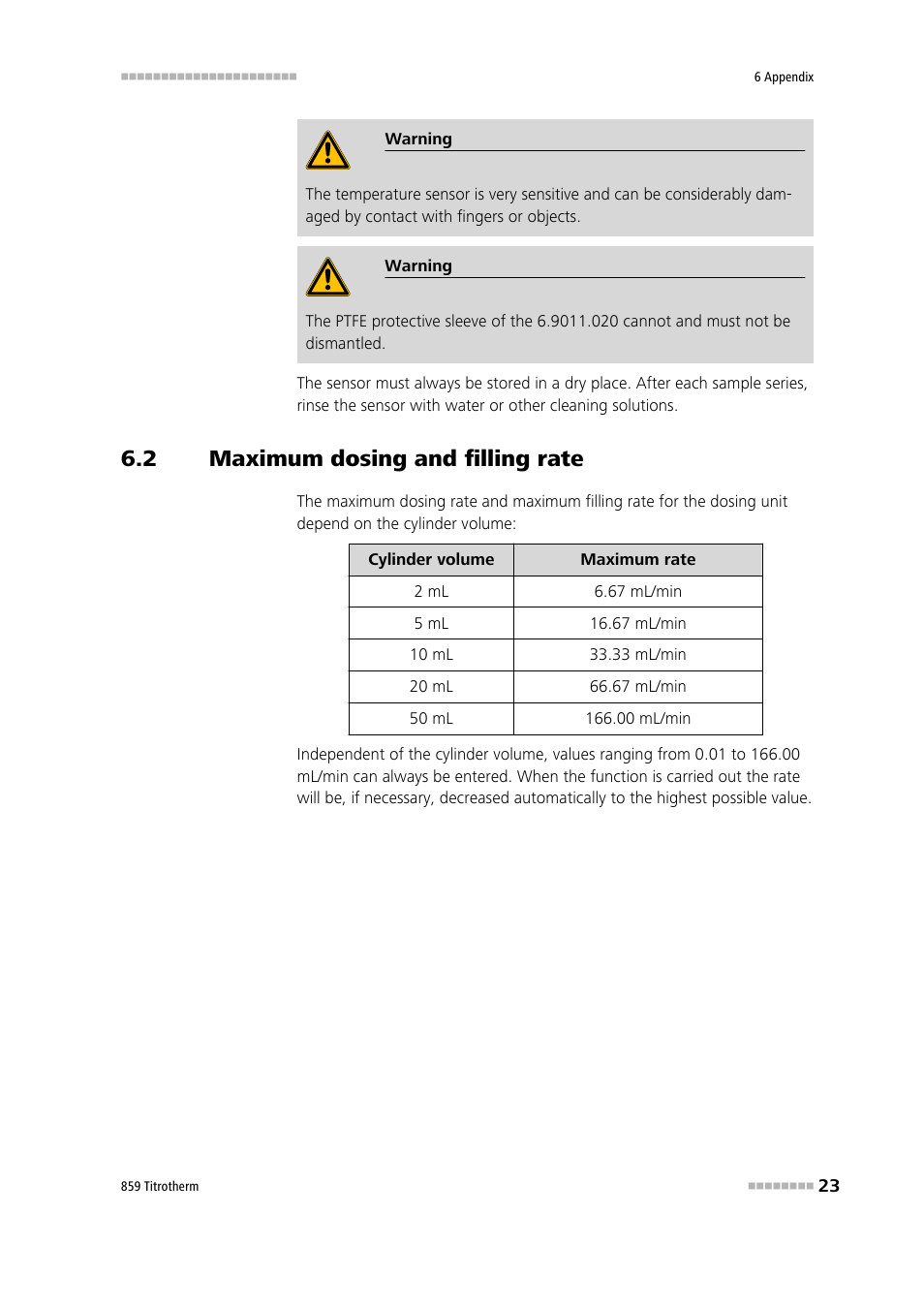 2 maximum dosing and filling rate, Maximum dosing and filling rate | Metrohm 859 Titrotherm User Manual | Page 31 / 45