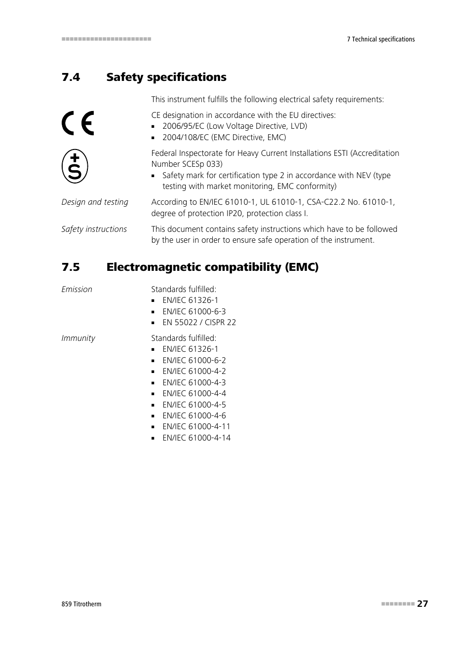 4 safety specifications, 5 electromagnetic compatibility (emc), Safety specifications | Electromagnetic compatibility (emc) | Metrohm 859 Titrotherm User Manual | Page 35 / 45