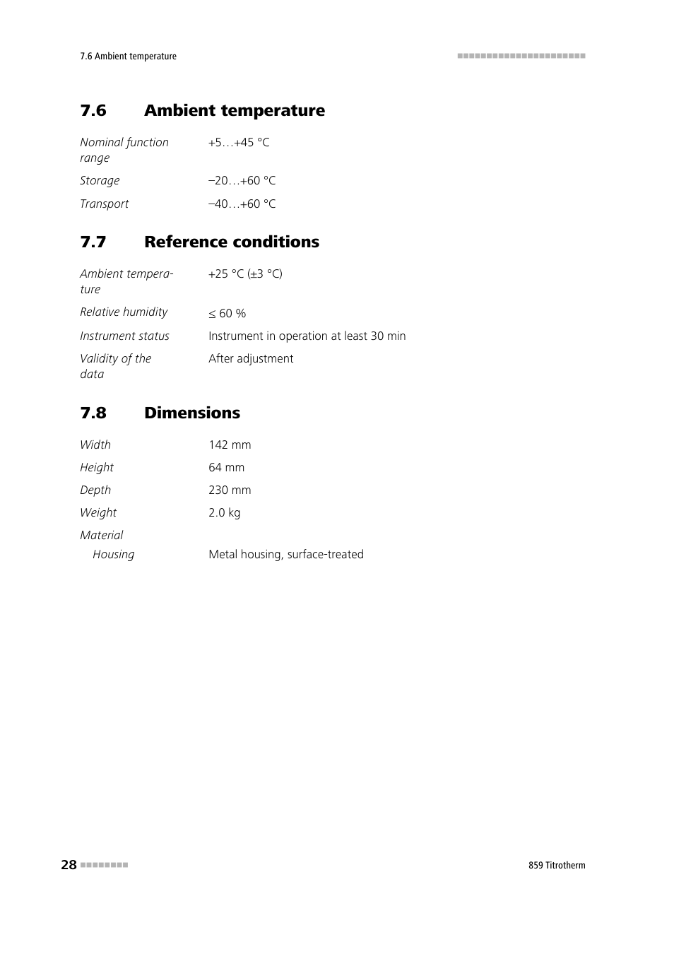 6 ambient temperature, 7 reference conditions, 8 dimensions | Ambient temperature, Reference conditions, Dimensions | Metrohm 859 Titrotherm User Manual | Page 36 / 45