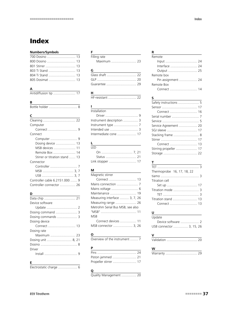 Index | Metrohm 859 Titrotherm User Manual | Page 45 / 45