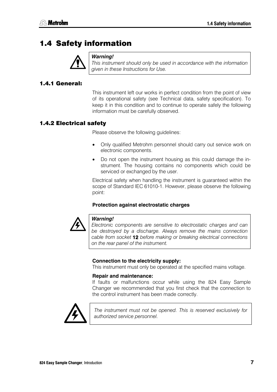4 safety information, 1 general, 2 electrical safety | Safety information, General, Electrical safety | Metrohm 824 Easy Sample Changer User Manual | Page 13 / 70