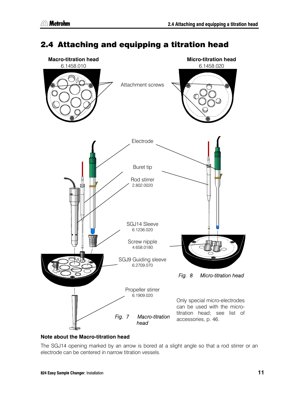 4 attaching and equipping a titration head, Attaching and equipping a titration head, Fig. 7 | Macro-titration head, Fig. 8, Micro-titration head | Metrohm 824 Easy Sample Changer User Manual | Page 17 / 70
