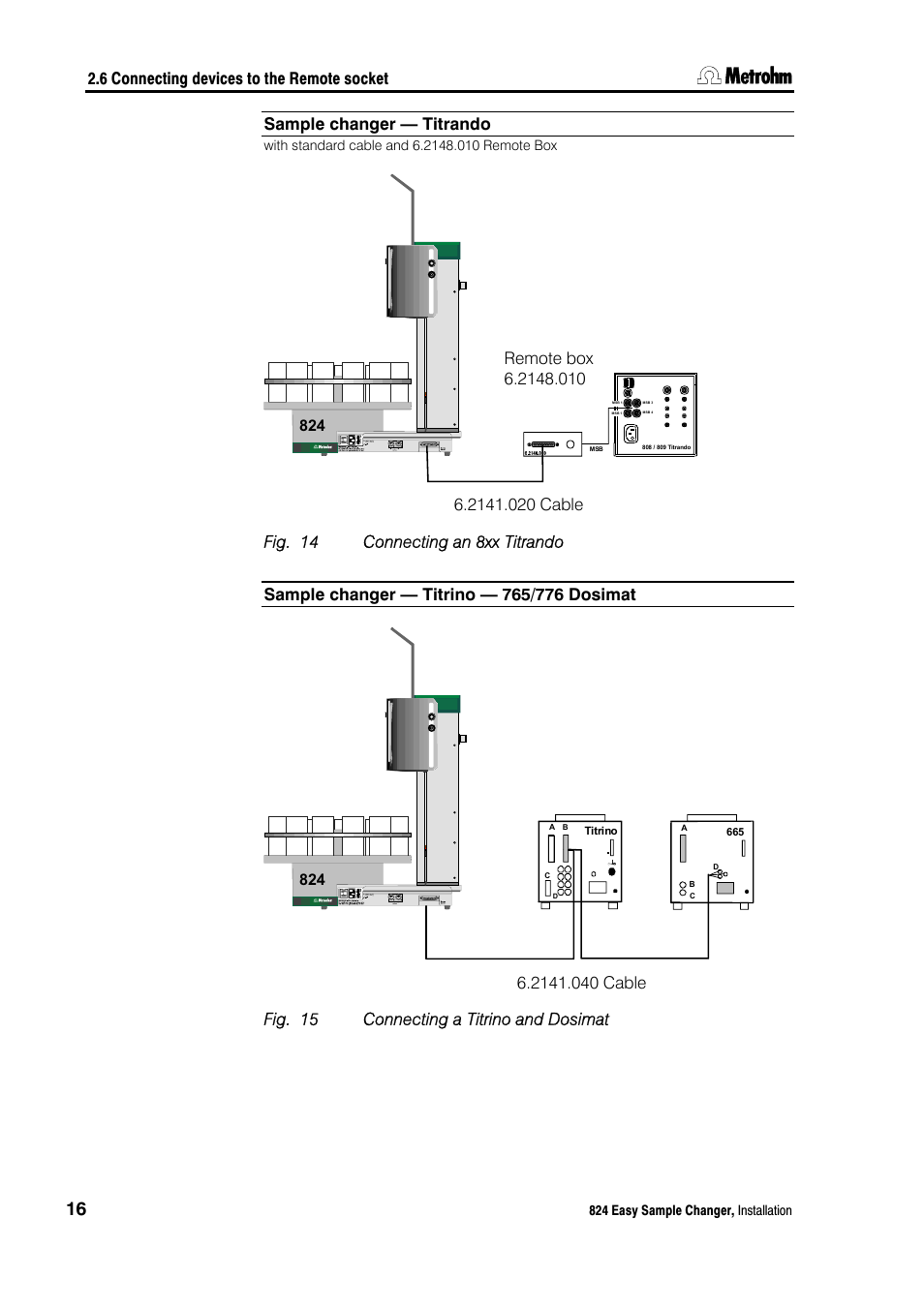 Fig. 14, Connecting an 8xx titrando, Fig. 15 | Connecting a titrino and dosimat, 6 connecting devices to the remote socket, Sample changer — titrando | Metrohm 824 Easy Sample Changer User Manual | Page 22 / 70