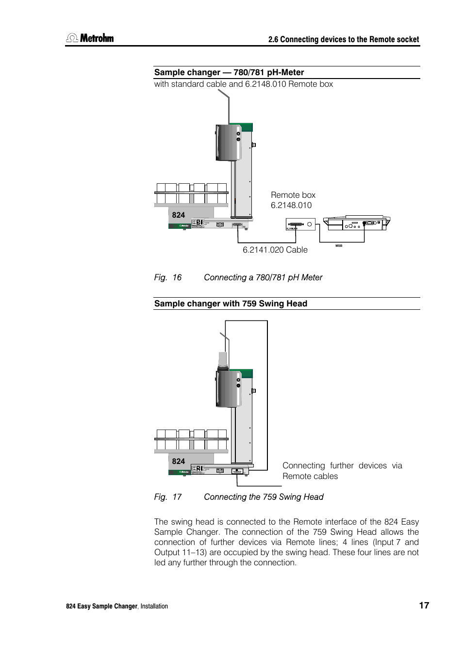 Fig. 16, Connecting a 780/781 ph meter, Fig. 17 | Connecting the 759 swing head | Metrohm 824 Easy Sample Changer User Manual | Page 23 / 70