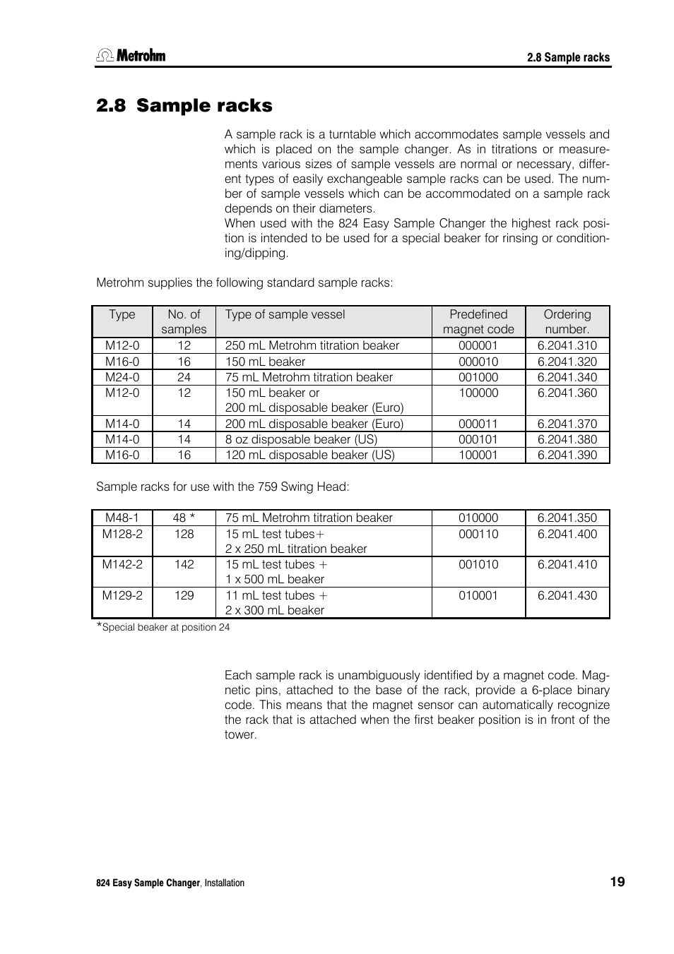 8 sample racks, Sample racks | Metrohm 824 Easy Sample Changer User Manual | Page 25 / 70