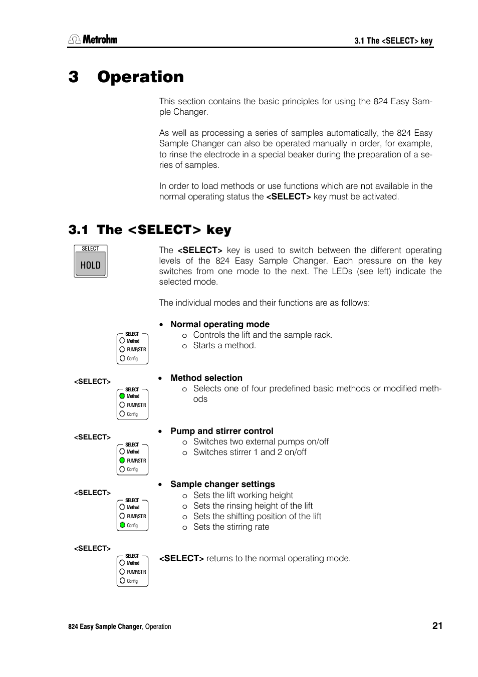 3 operation, 1 the <select> key, Operation | The <select> key, Hold | Metrohm 824 Easy Sample Changer User Manual | Page 27 / 70