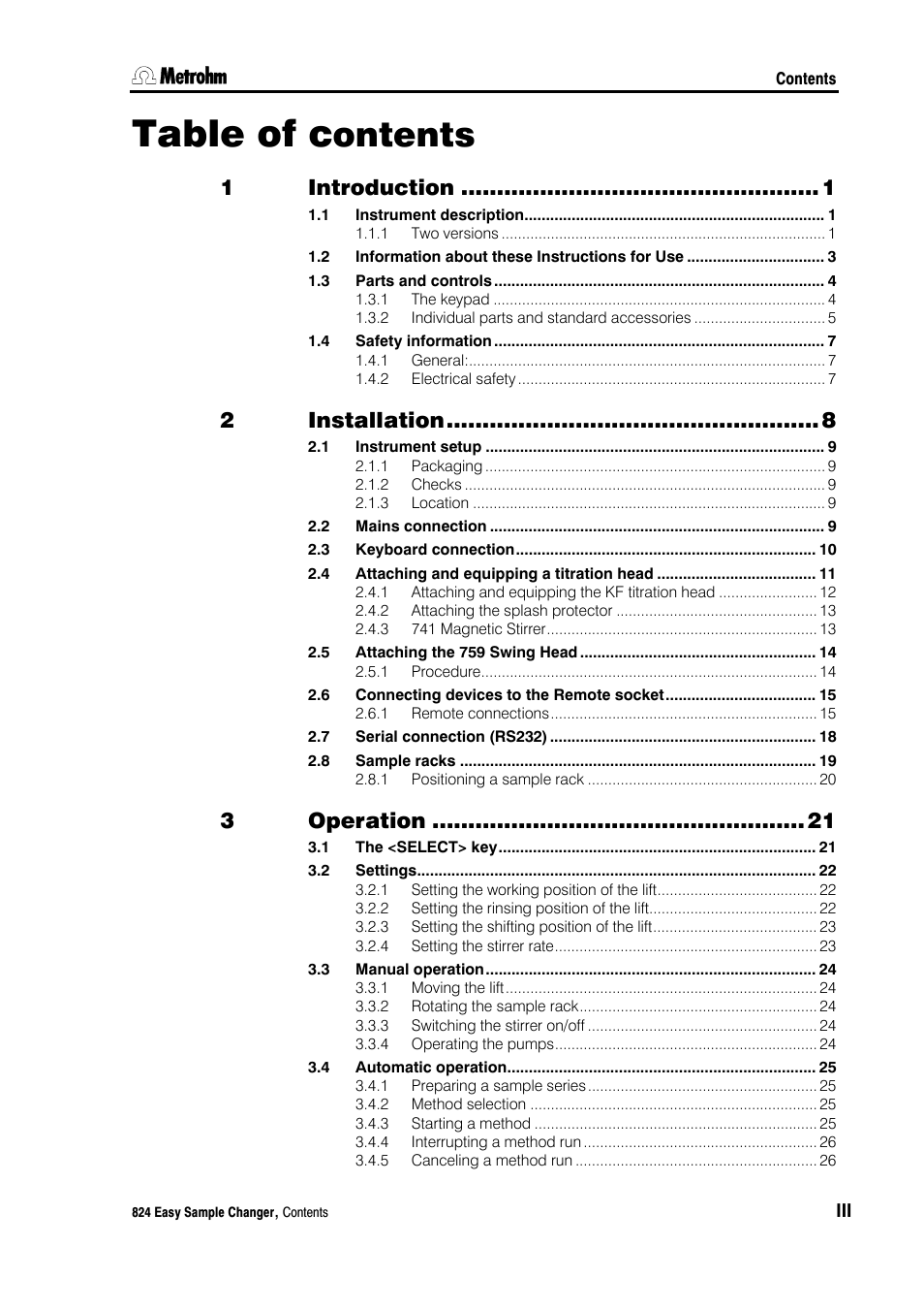 Metrohm 824 Easy Sample Changer User Manual | Page 3 / 70