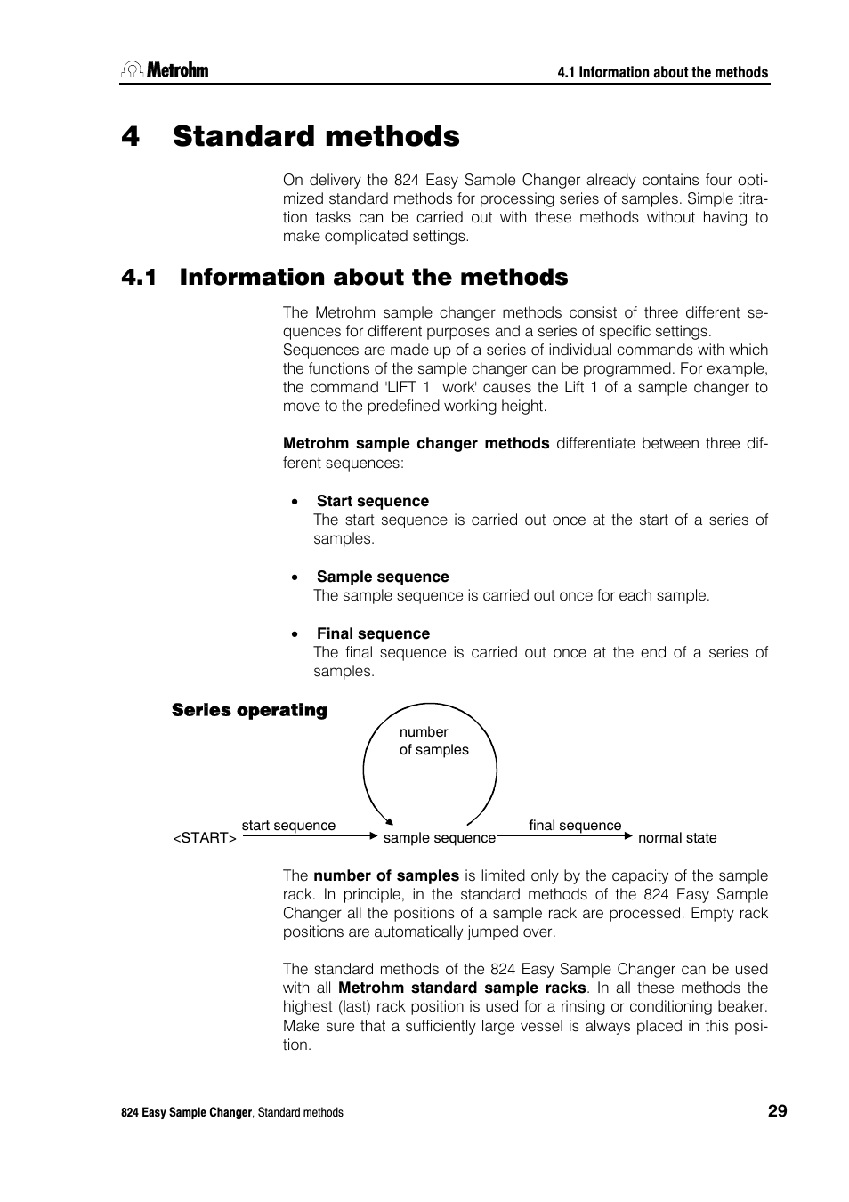4 standard methods, 1 information about the methods, Series operating | Standard methods, Information about the methods | Metrohm 824 Easy Sample Changer User Manual | Page 35 / 70