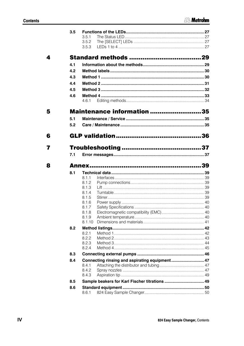 Standard methods, Maintenance information, Glp validation | Troubleshooting, Annex | Metrohm 824 Easy Sample Changer User Manual | Page 4 / 70