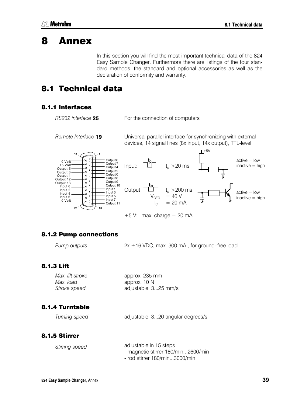 8 annex, 1 technical data, 1 interfaces | 2 pump connections, 3 lift, 4 turntable, 5 stirrer, Annex, Technical data, Interfaces | Metrohm 824 Easy Sample Changer User Manual | Page 45 / 70