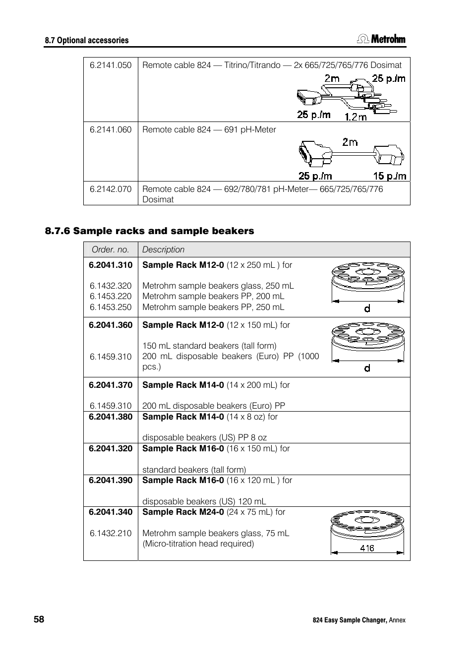 6 sample racks and sample beakers, Sample racks and sample beakers | Metrohm 824 Easy Sample Changer User Manual | Page 64 / 70