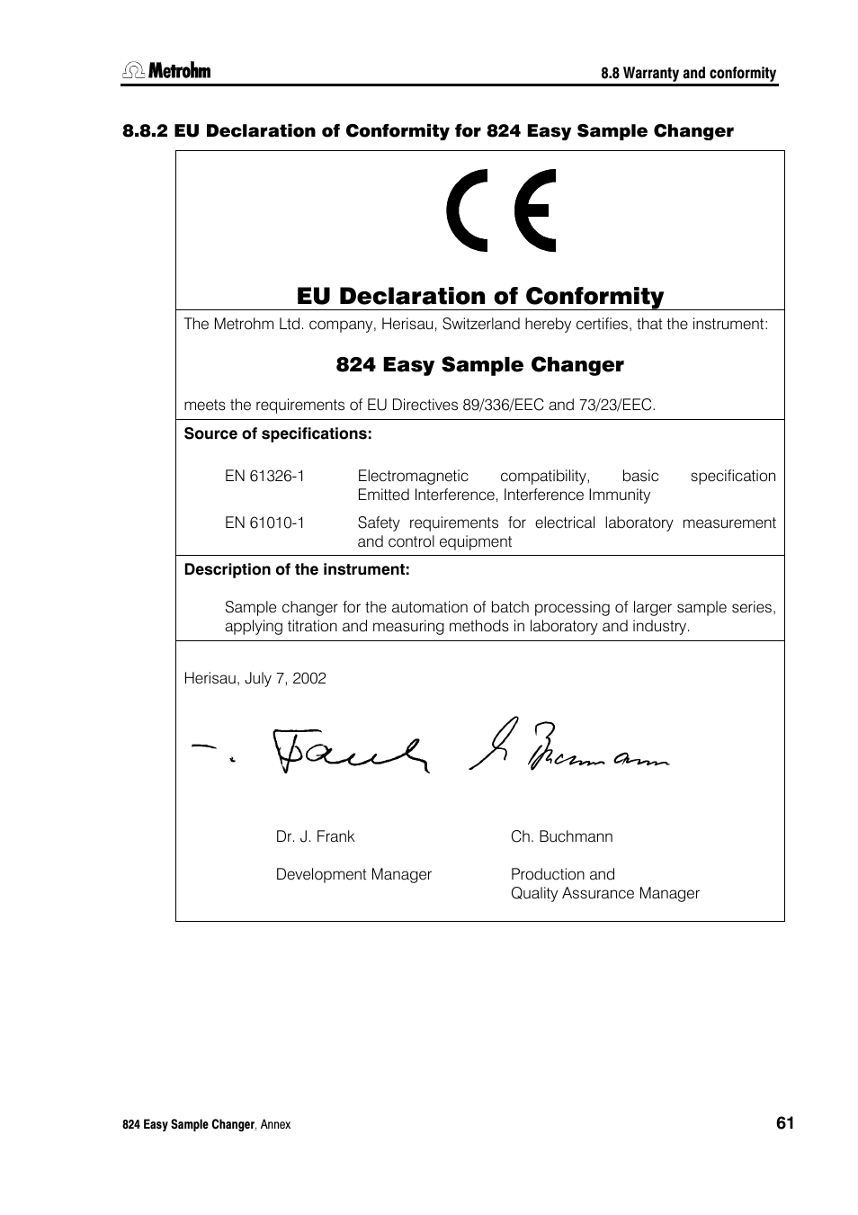 Eu declaration of conformity, 824 easy sample changer | Metrohm 824 Easy Sample Changer User Manual | Page 67 / 70