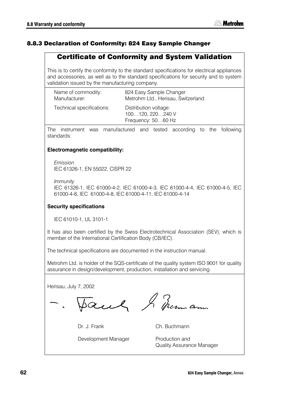 Declaration of conformity: 824 easy sample changer, Certificate of conformity and system validation | Metrohm 824 Easy Sample Changer User Manual | Page 68 / 70