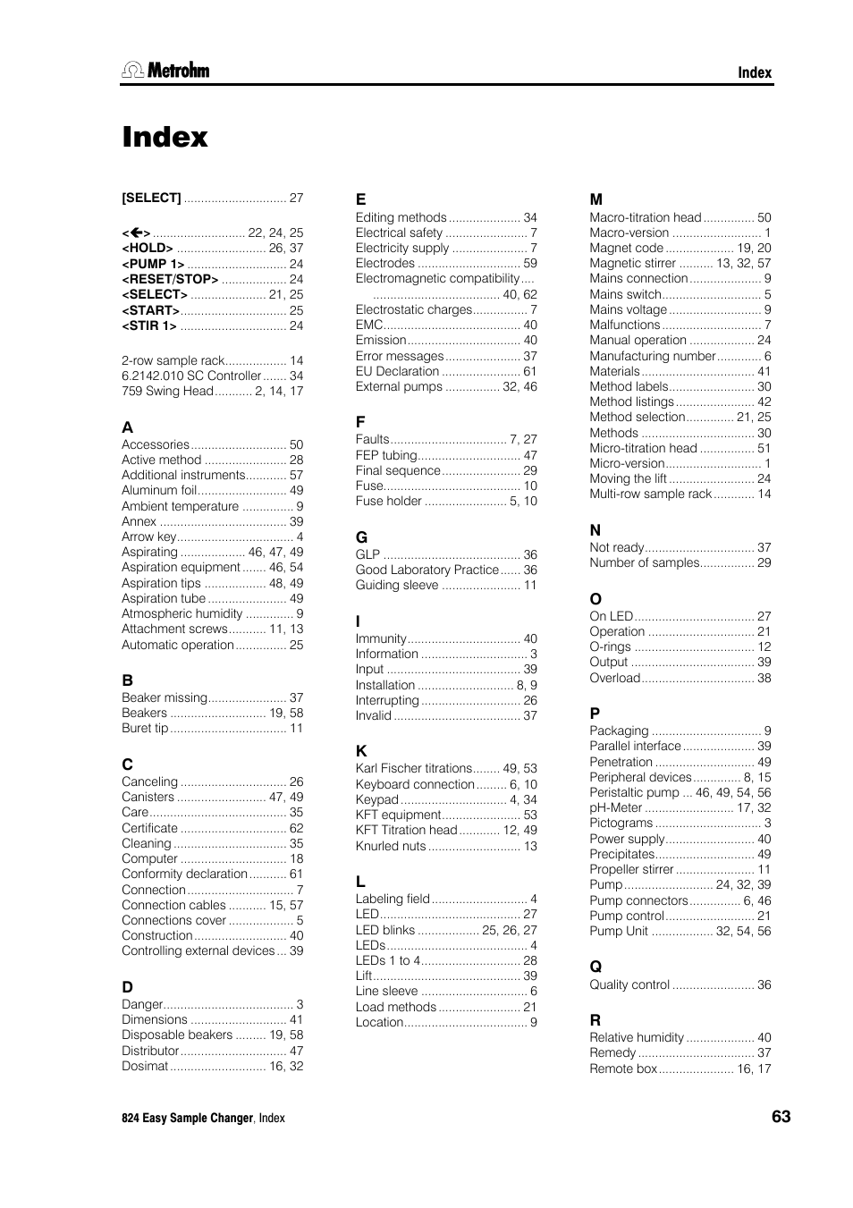 Index | Metrohm 824 Easy Sample Changer User Manual | Page 69 / 70