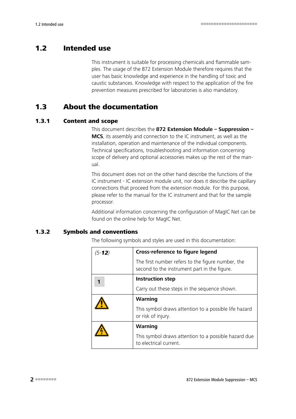 2 intended use, 3 about the documentation, 1 content and scope | 2 symbols and conventions, Intended use, About the documentation, Content and scope, Symbols and conventions | Metrohm 872 Extension Module Suppression – MCS User Manual | Page 10 / 64