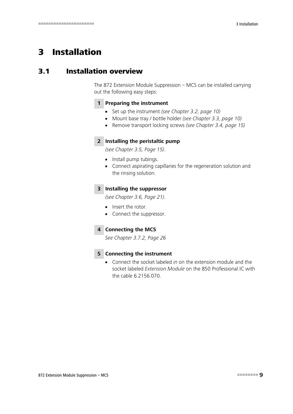 3 installation, 1 installation overview, Installation overview | Metrohm 872 Extension Module Suppression – MCS User Manual | Page 17 / 64