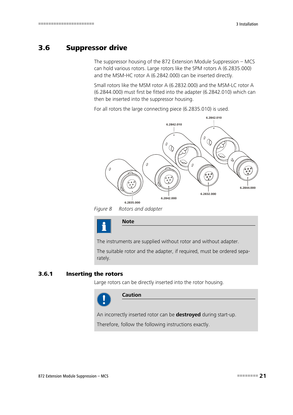 6 suppressor drive, 1 inserting the rotors, Suppressor drive | Inserting the rotors, Figure 8, Rotors and adapter | Metrohm 872 Extension Module Suppression – MCS User Manual | Page 29 / 64