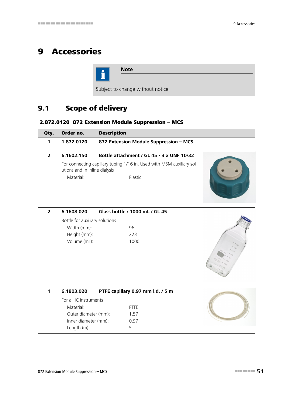 9 accessories, 1 scope of delivery, Scope of delivery | Metrohm 872 Extension Module Suppression – MCS User Manual | Page 59 / 64