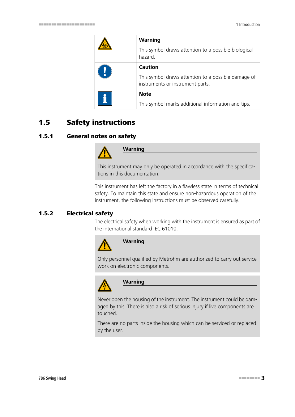 5 safety instructions, 1 general notes on safety, 2 electrical safety | Safety instructions, General notes on safety, Electrical safety | Metrohm 786 Swing Head User Manual | Page 11 / 50