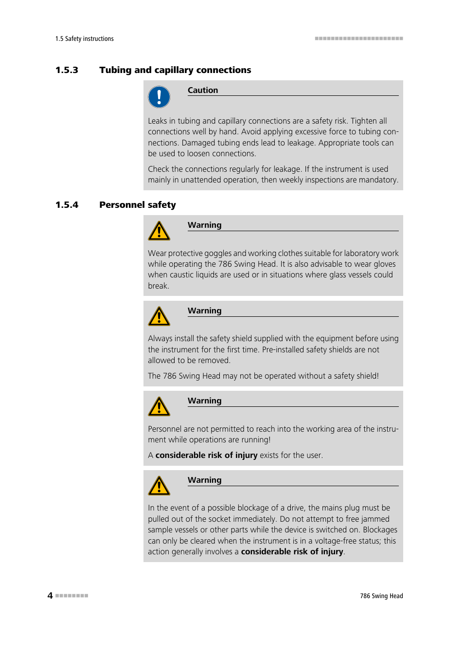 3 tubing and capillary connections, 4 personnel safety, Tubing and capillary connections | Personnel safety | Metrohm 786 Swing Head User Manual | Page 12 / 50