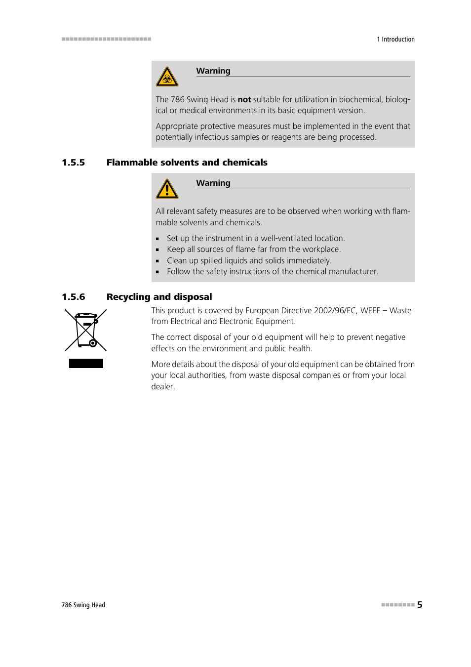 5 flammable solvents and chemicals, 6 recycling and disposal, Flammable solvents and chemicals | Recycling and disposal | Metrohm 786 Swing Head User Manual | Page 13 / 50