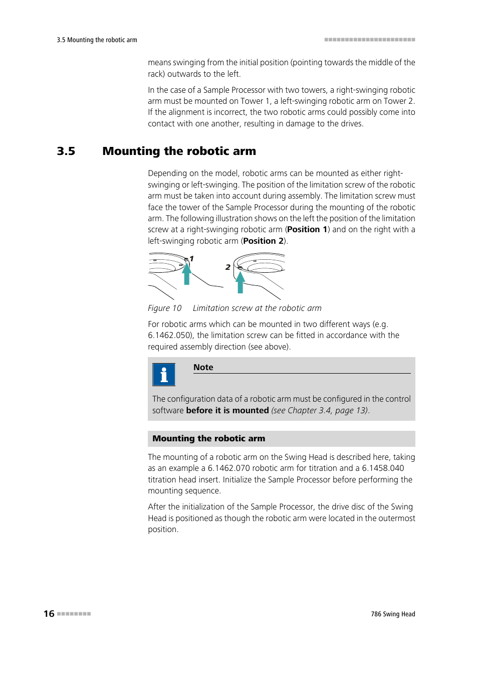 5 mounting the robotic arm, Mounting the robotic arm, Figure 10 | Limitation screw at the robotic arm | Metrohm 786 Swing Head User Manual | Page 24 / 50