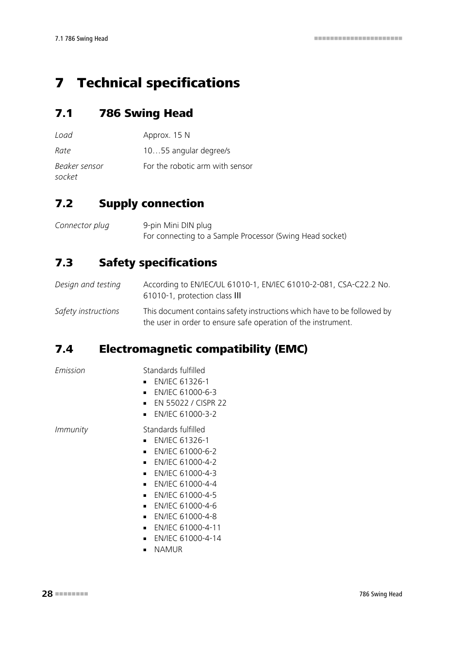 7 technical specifications, 1 786 swing head, 2 supply connection | 3 safety specifications, 4 electromagnetic compatibility (emc), 786 swing head, Supply connection, Safety specifications, Electromagnetic compatibility (emc) | Metrohm 786 Swing Head User Manual | Page 36 / 50