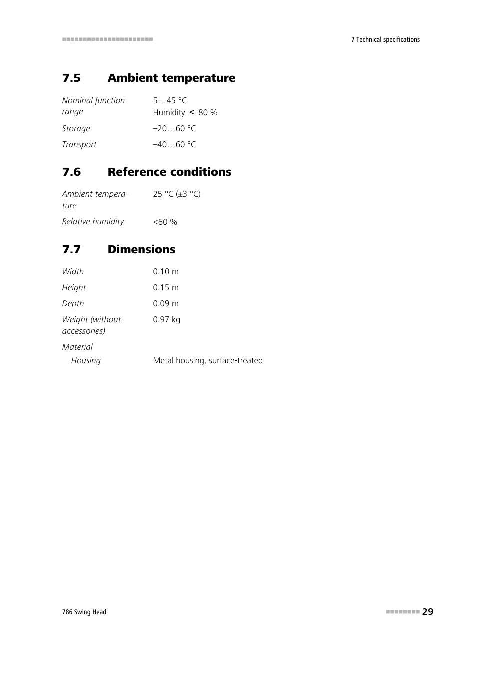 5 ambient temperature, 6 reference conditions, 7 dimensions | Ambient temperature, Reference conditions, Dimensions | Metrohm 786 Swing Head User Manual | Page 37 / 50