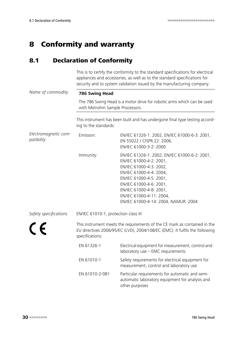 8 conformity and warranty, 1 declaration of conformity, Declaration of conformity | Metrohm 786 Swing Head User Manual | Page 38 / 50