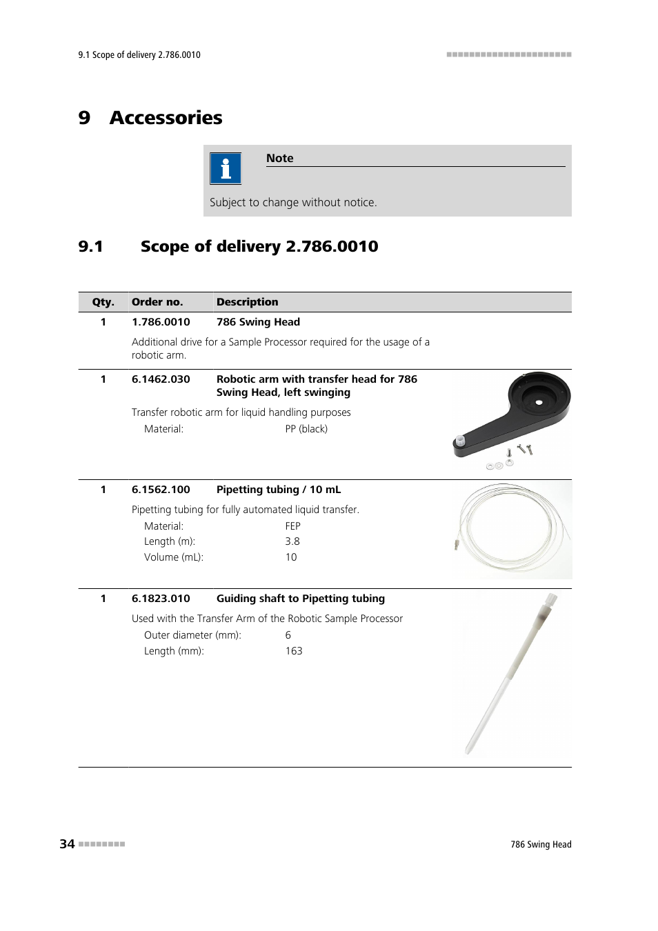 9 accessories, 1 scope of delivery 2.786.0010, Scope of delivery 2.786.0010 | Metrohm 786 Swing Head User Manual | Page 42 / 50