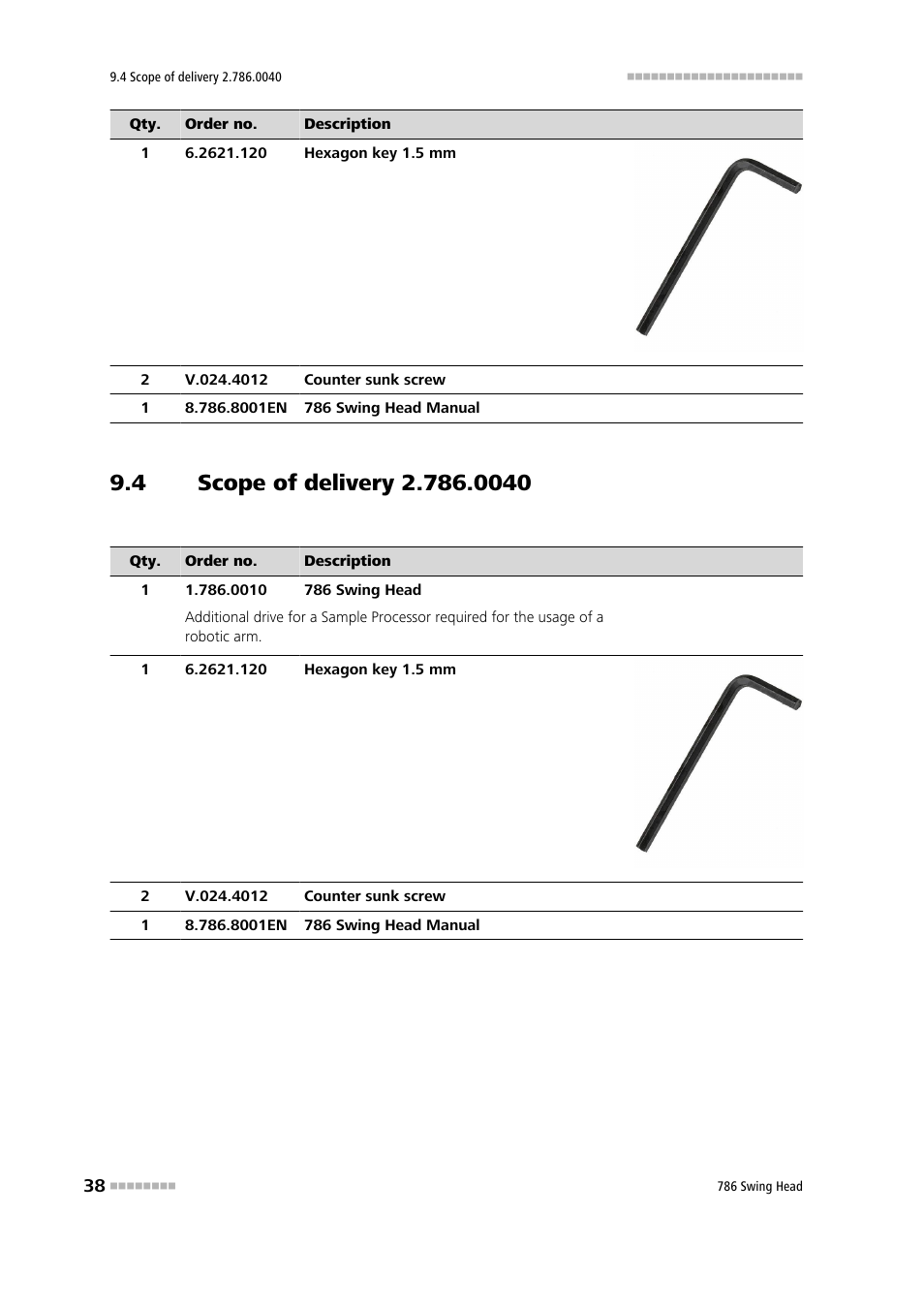 4 scope of delivery 2.786.0040, Scope of delivery 2.786.0040 | Metrohm 786 Swing Head User Manual | Page 46 / 50