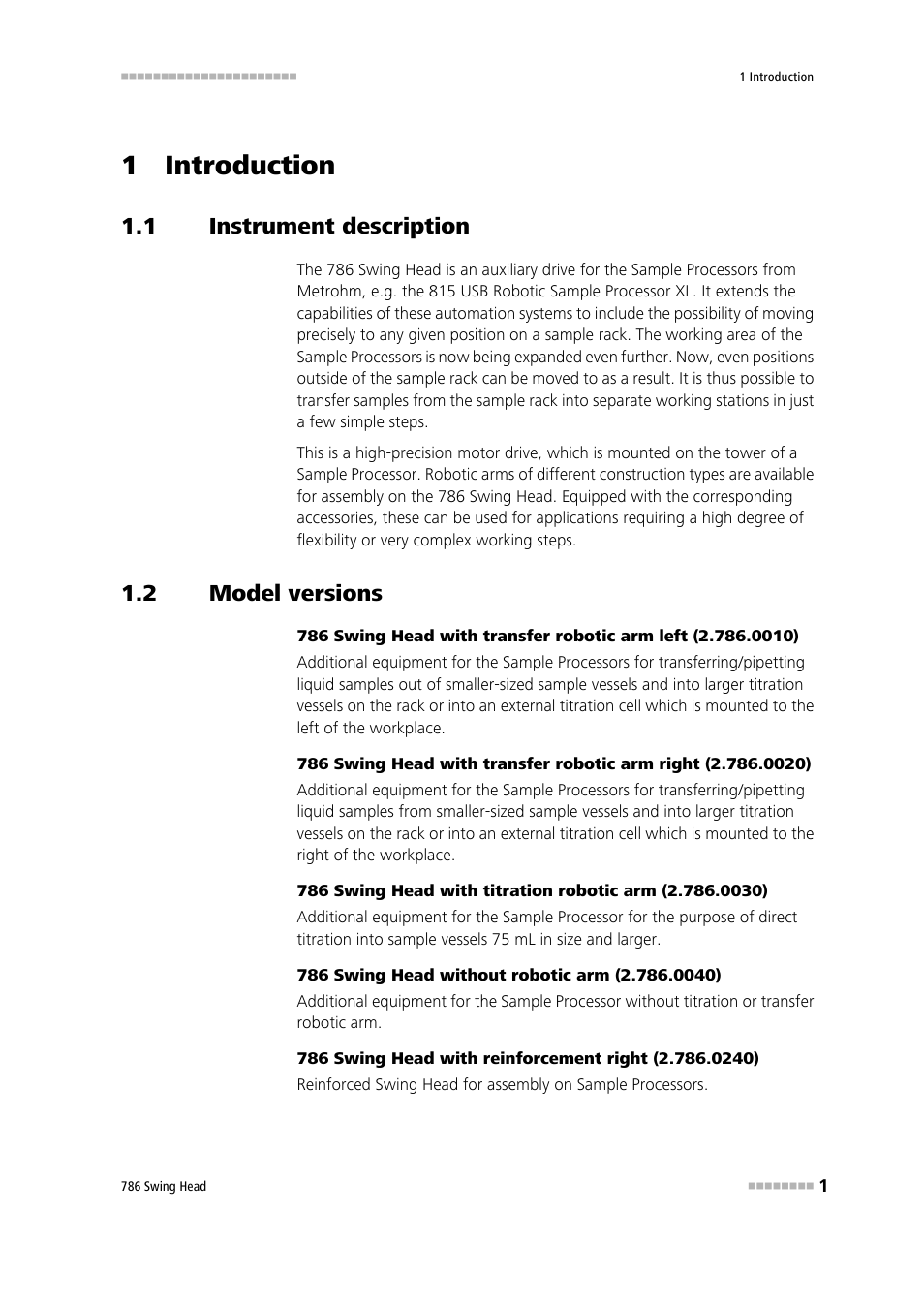 1 introduction, 1 instrument description, 2 model versions | Instrument description, Model versions | Metrohm 786 Swing Head User Manual | Page 9 / 50