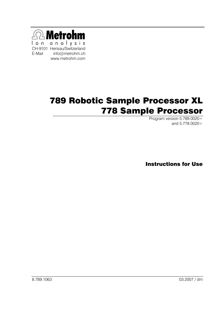 Metrohm 789 Robotic Sample Processor XL User Manual | 177 pages