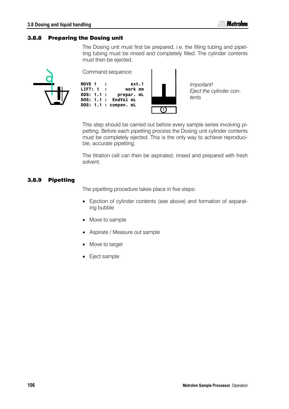 8 preparing the dosing unit, 9 pipetting | Metrohm 789 Robotic Sample Processor XL User Manual | Page 114 / 177