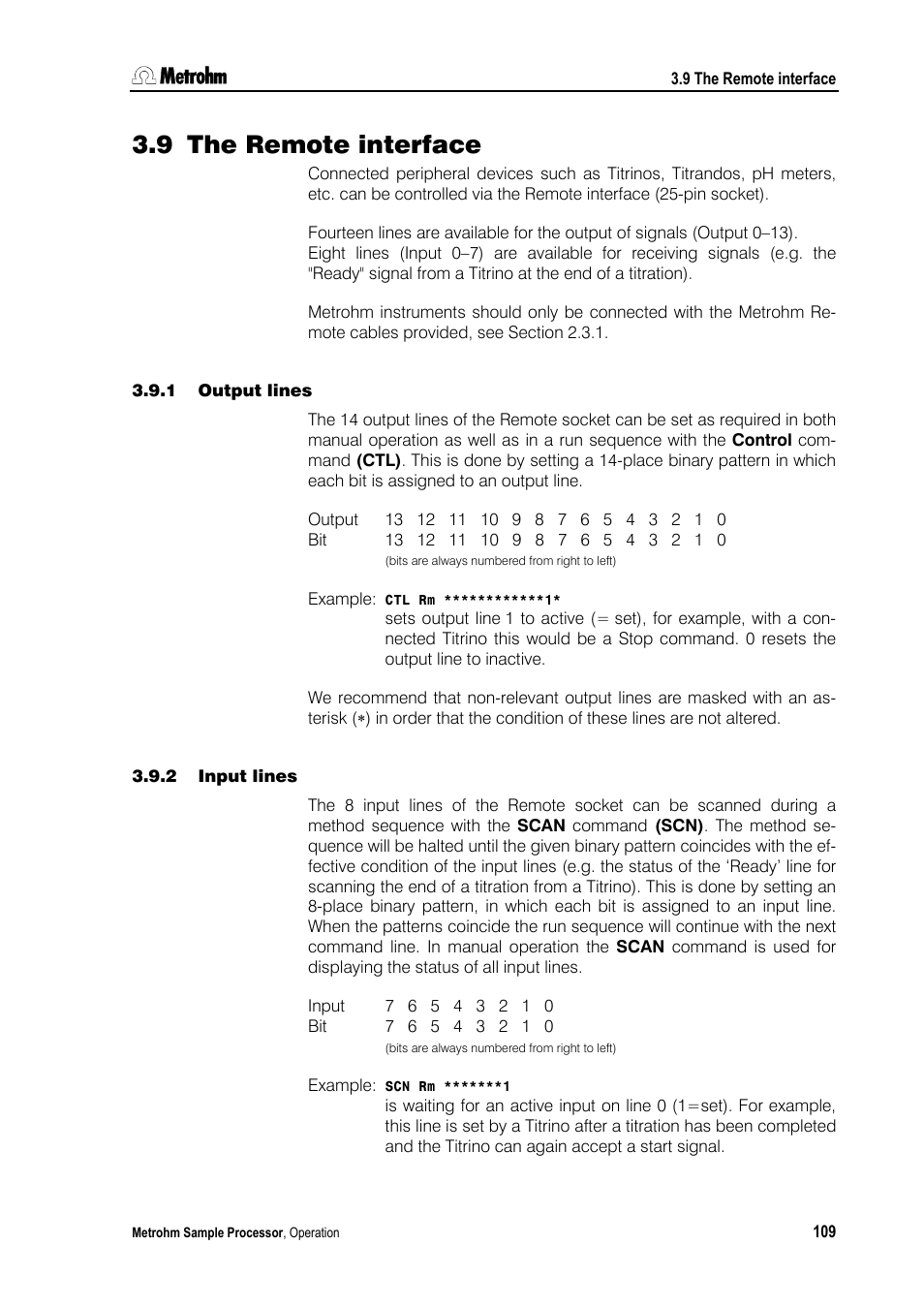 9 the remote interface, 1 output lines, 2 input lines | Metrohm 789 Robotic Sample Processor XL User Manual | Page 117 / 177