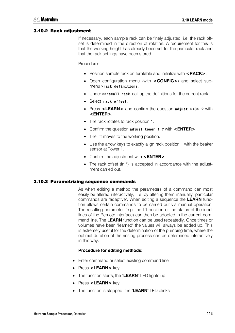 2 rack adjustment, 3 parametrizing sequence commands | Metrohm 789 Robotic Sample Processor XL User Manual | Page 121 / 177