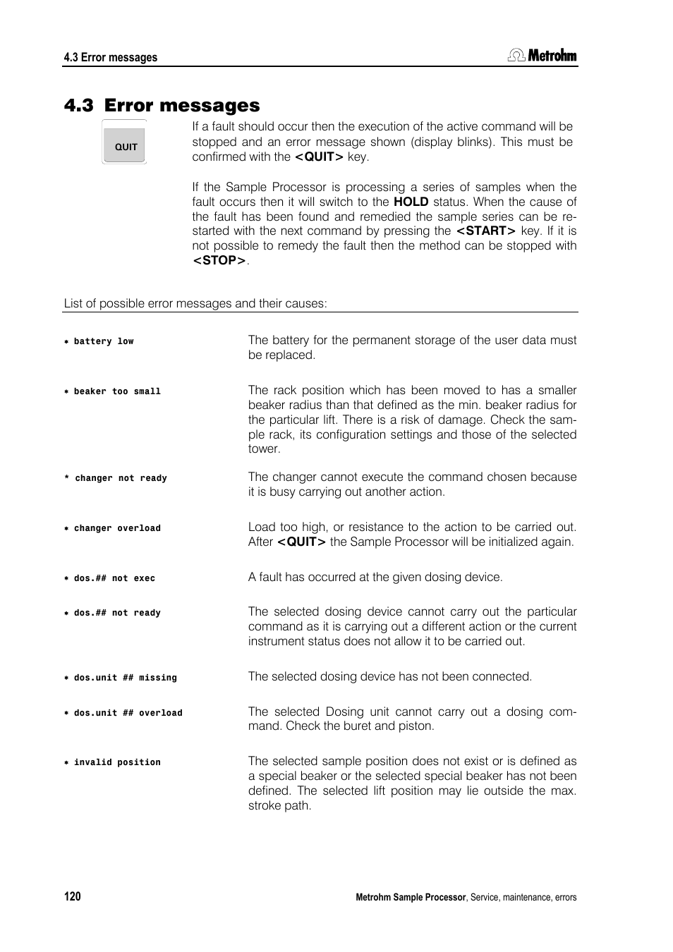 3 error messages | Metrohm 789 Robotic Sample Processor XL User Manual | Page 128 / 177