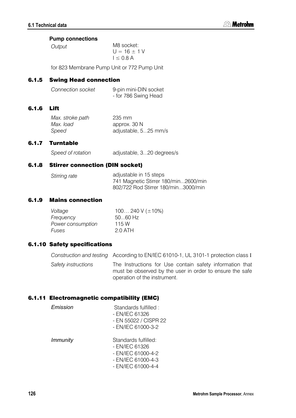 5 swing head connection, 6 lift, 7 turntable | 8 stirrer connection (din socket), 9 mains connection, 10 safety specifications, 11 electromagnetic compatibility (emc) | Metrohm 789 Robotic Sample Processor XL User Manual | Page 134 / 177