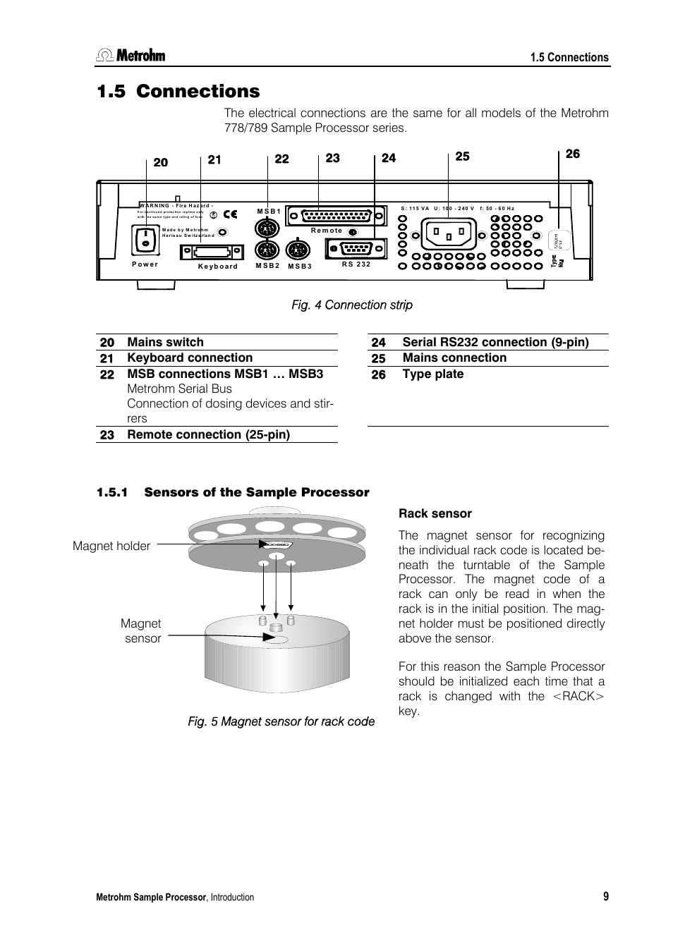 5 connections, 1 sensors of the sample processor | Metrohm 789 Robotic Sample Processor XL User Manual | Page 17 / 177