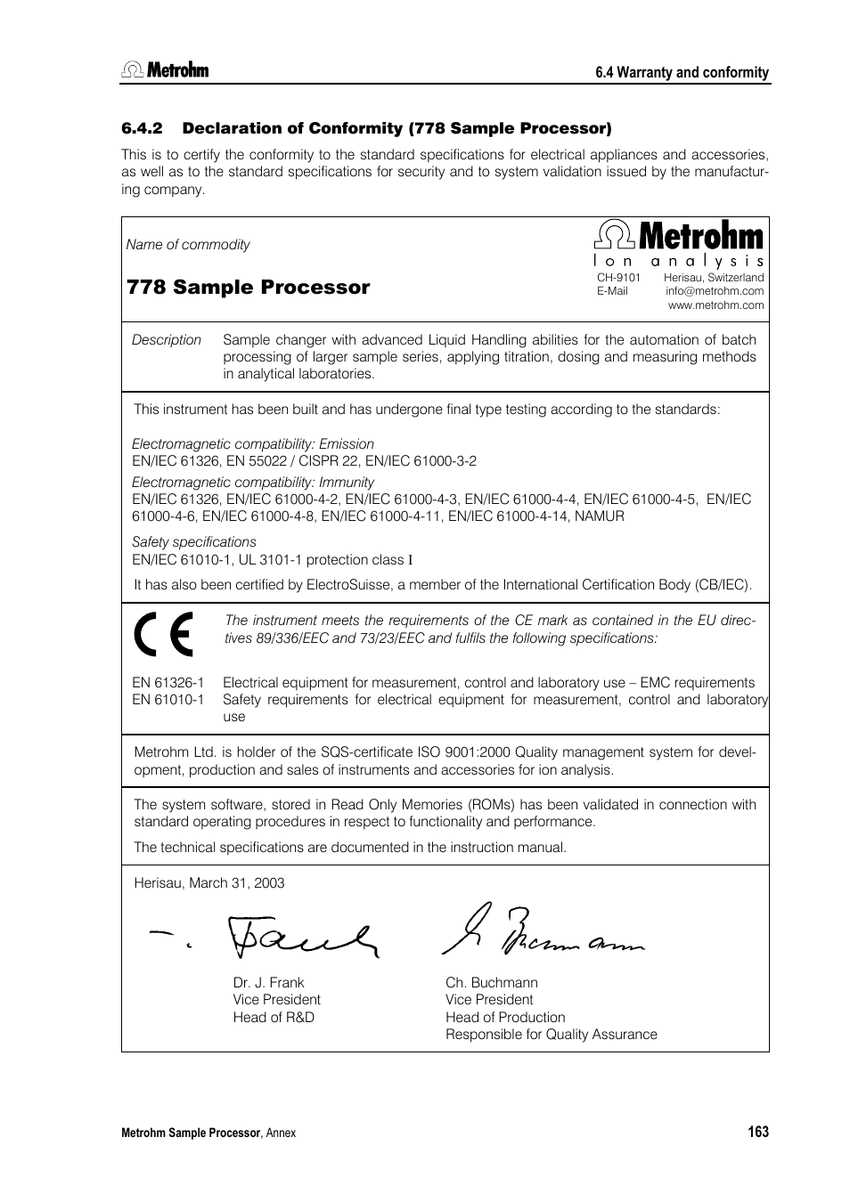 2 declaration of conformity (778 sample processor), 778 sample processor | Metrohm 789 Robotic Sample Processor XL User Manual | Page 171 / 177