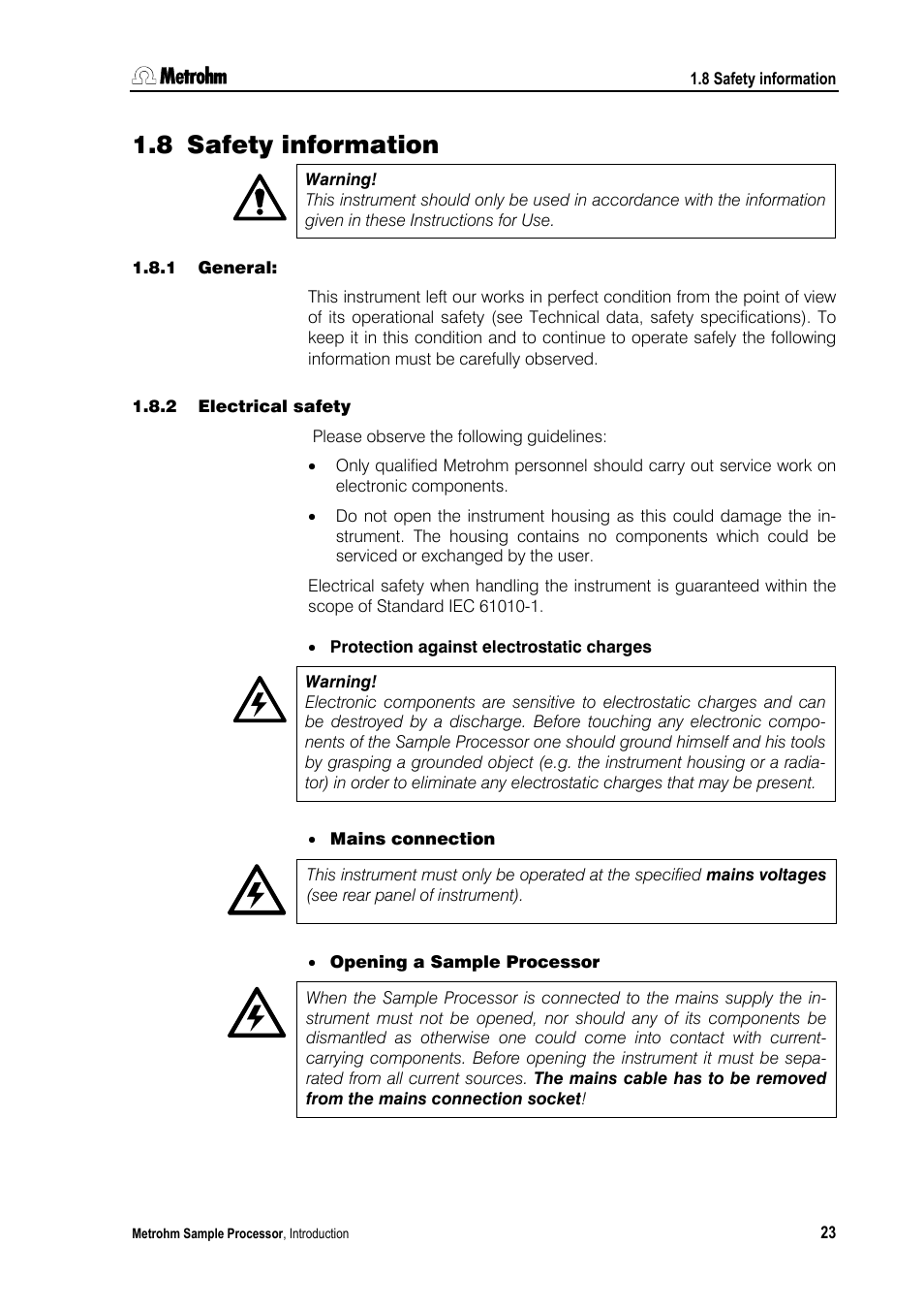 8 safety information, 1 general, 2 electrical safety | Metrohm 789 Robotic Sample Processor XL User Manual | Page 31 / 177