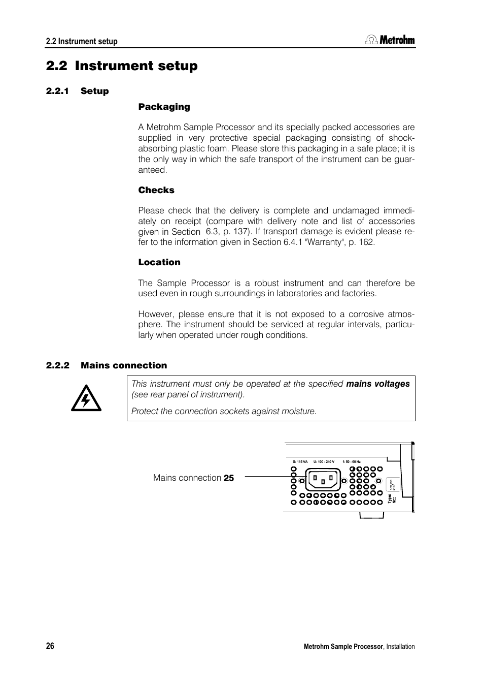 2 instrument setup, 1 setup, 2 mains connection | Metrohm 789 Robotic Sample Processor XL User Manual | Page 34 / 177