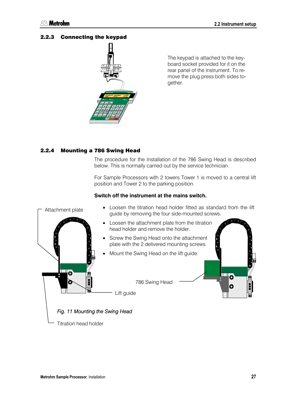 3 connecting the keypad, 4 mounting a 786 swing head | Metrohm 789 Robotic Sample Processor XL User Manual | Page 35 / 177