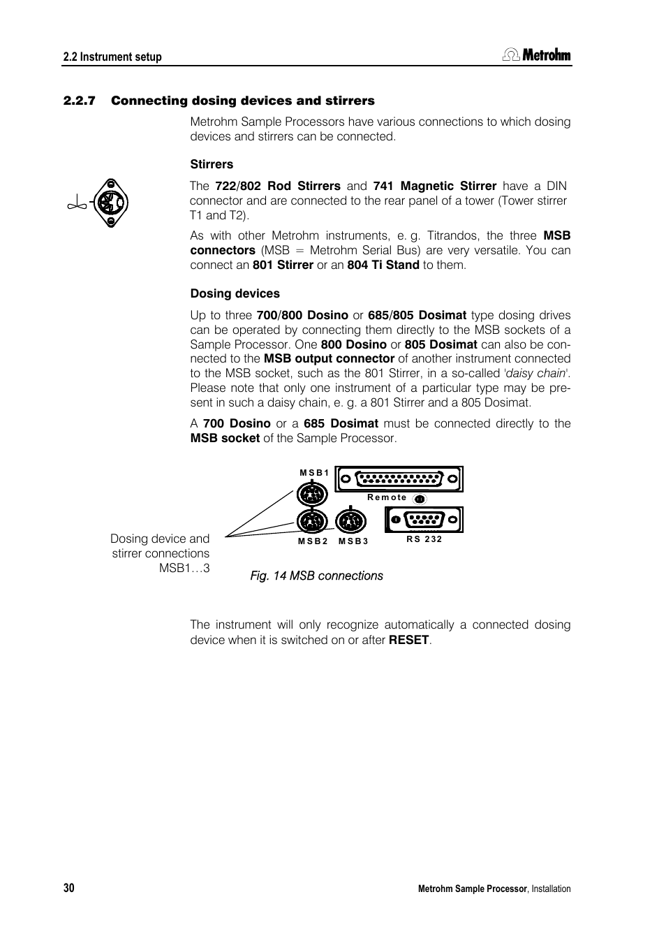 7 connecting dosing devices and stirrers | Metrohm 789 Robotic Sample Processor XL User Manual | Page 38 / 177