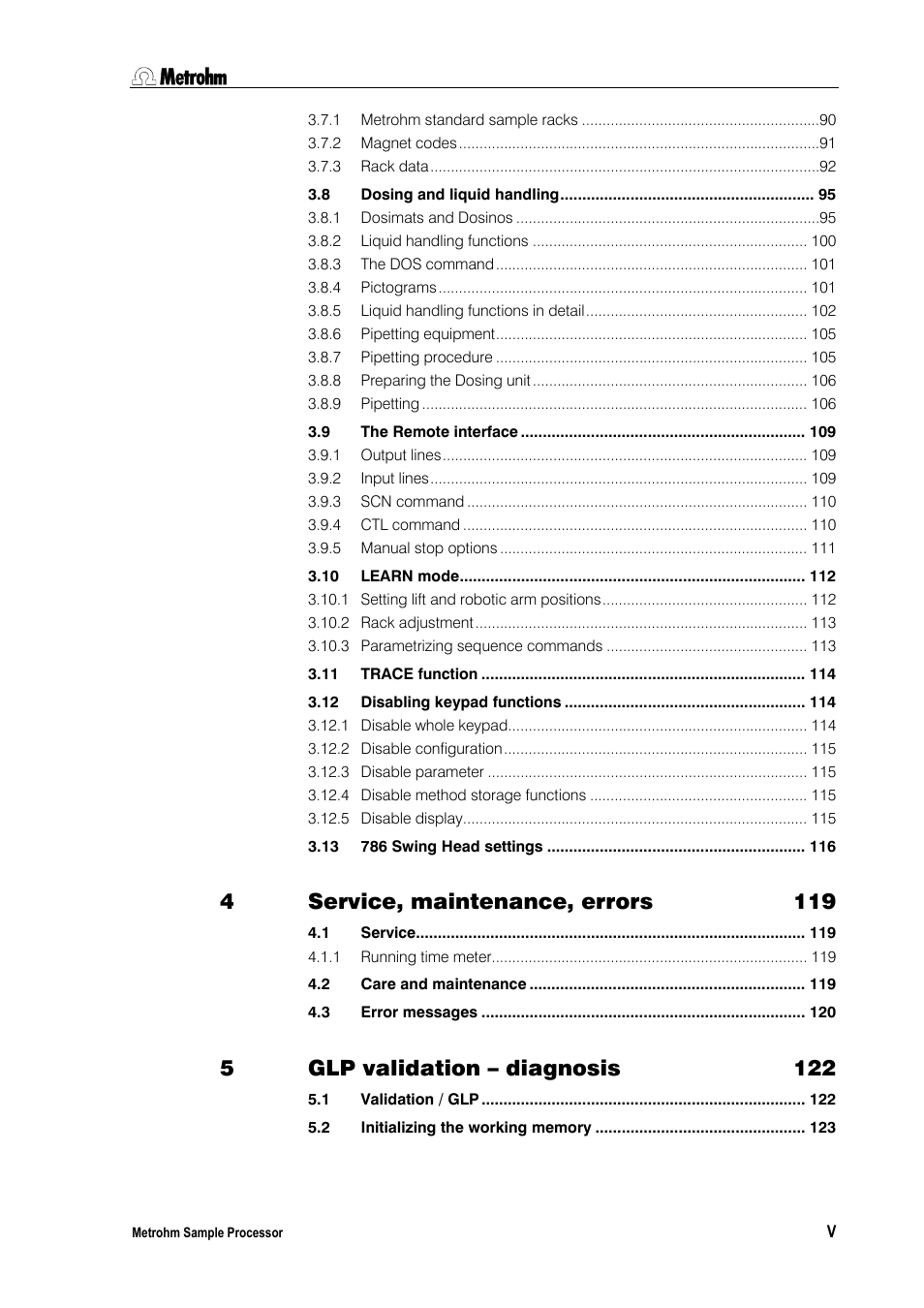 Service, maintenance, errors 119, Glp validation – diagnosis 122 | Metrohm 789 Robotic Sample Processor XL User Manual | Page 5 / 177